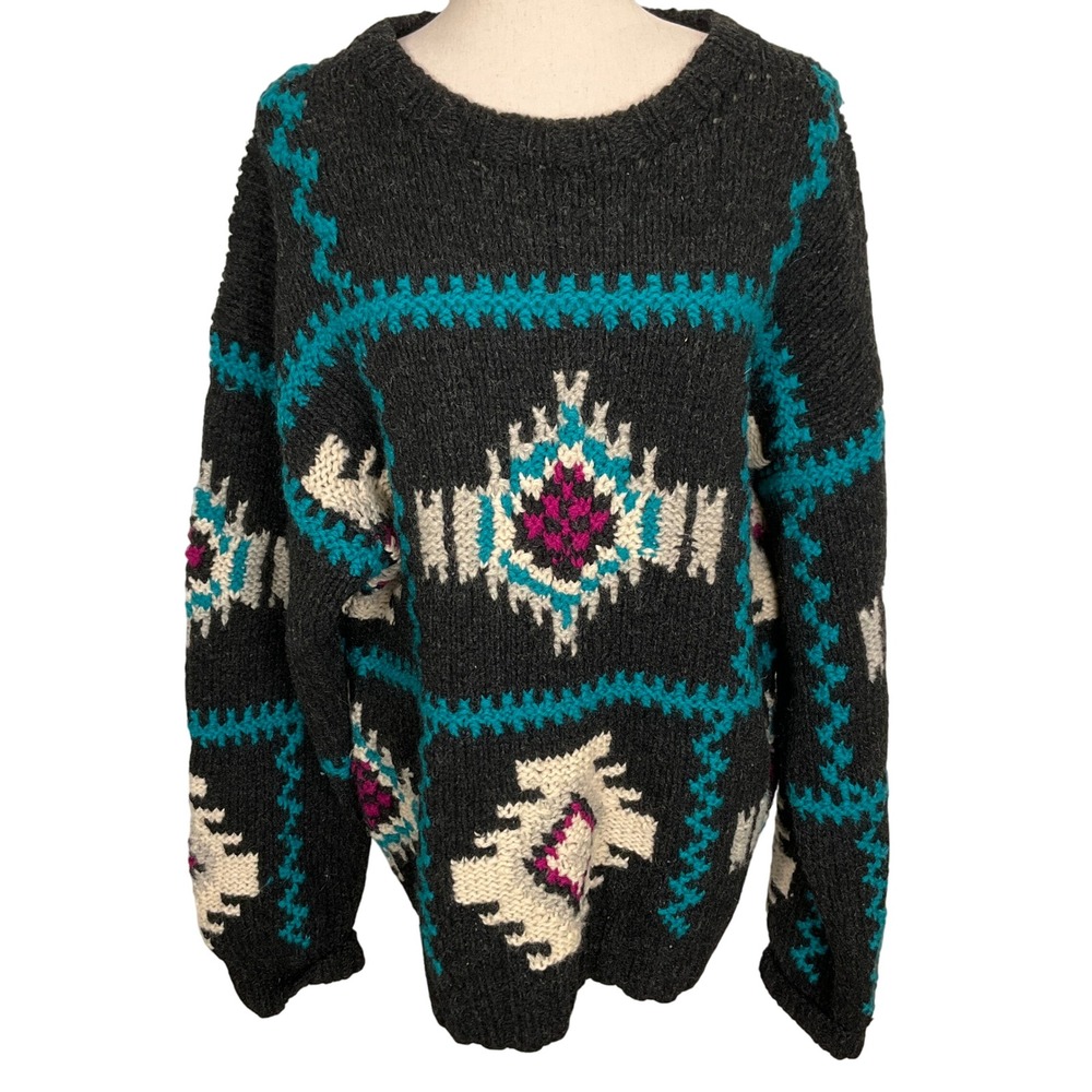 INC Sweater Oversized Chunky Shetland Wool Women XLs Black Teal Aztec Geometric